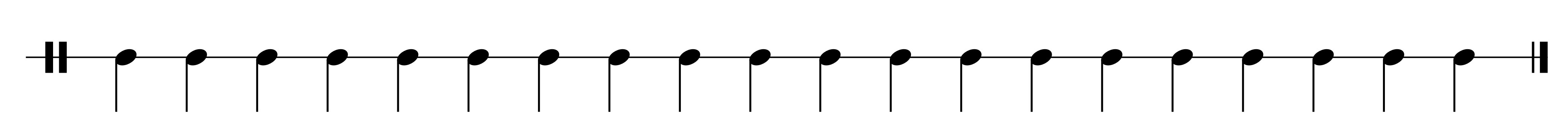 Musical notation showing a series of identical pulse notes